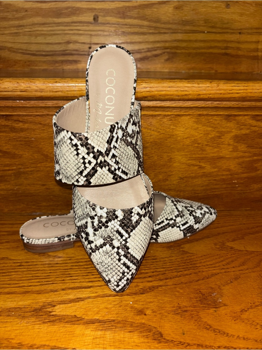 Coconuts by Matisse Pointed Toe Snake-Print Mule in Cream and Black